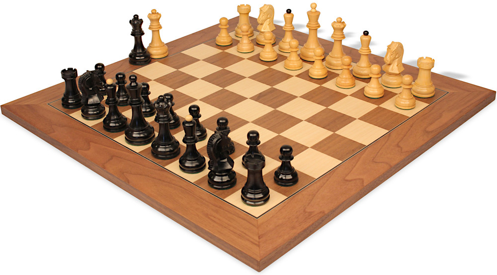 Dubrovnik Series Chess Set - Ebonized & Boxwood Pieces - Walnut Burl & Bird's-Eye Maple Chess Board - 3.9" King